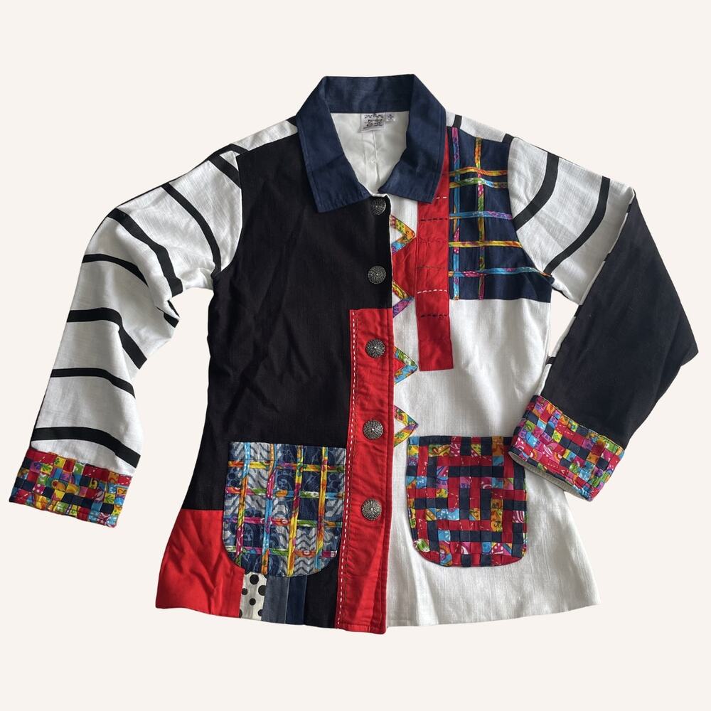 PARSLEY & SAGE colorful patchwork shirt silver buttons, size S, wearable art